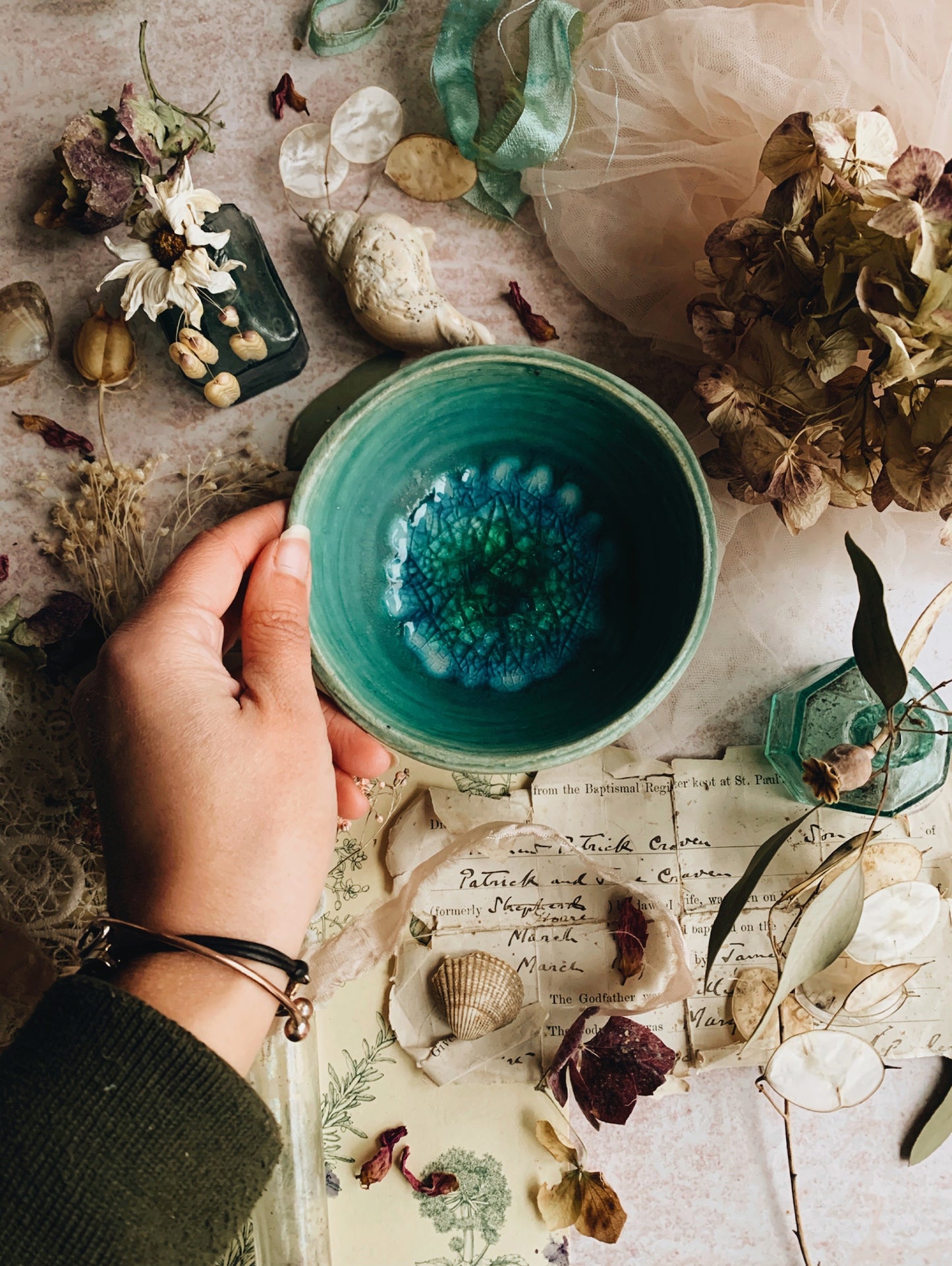 Hand~thrown Turquoise Bowl with Glazed Detailing.
