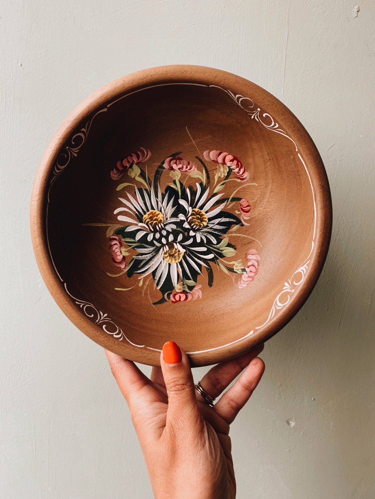 Rustic Hand~painted Floral Wooden Bowl