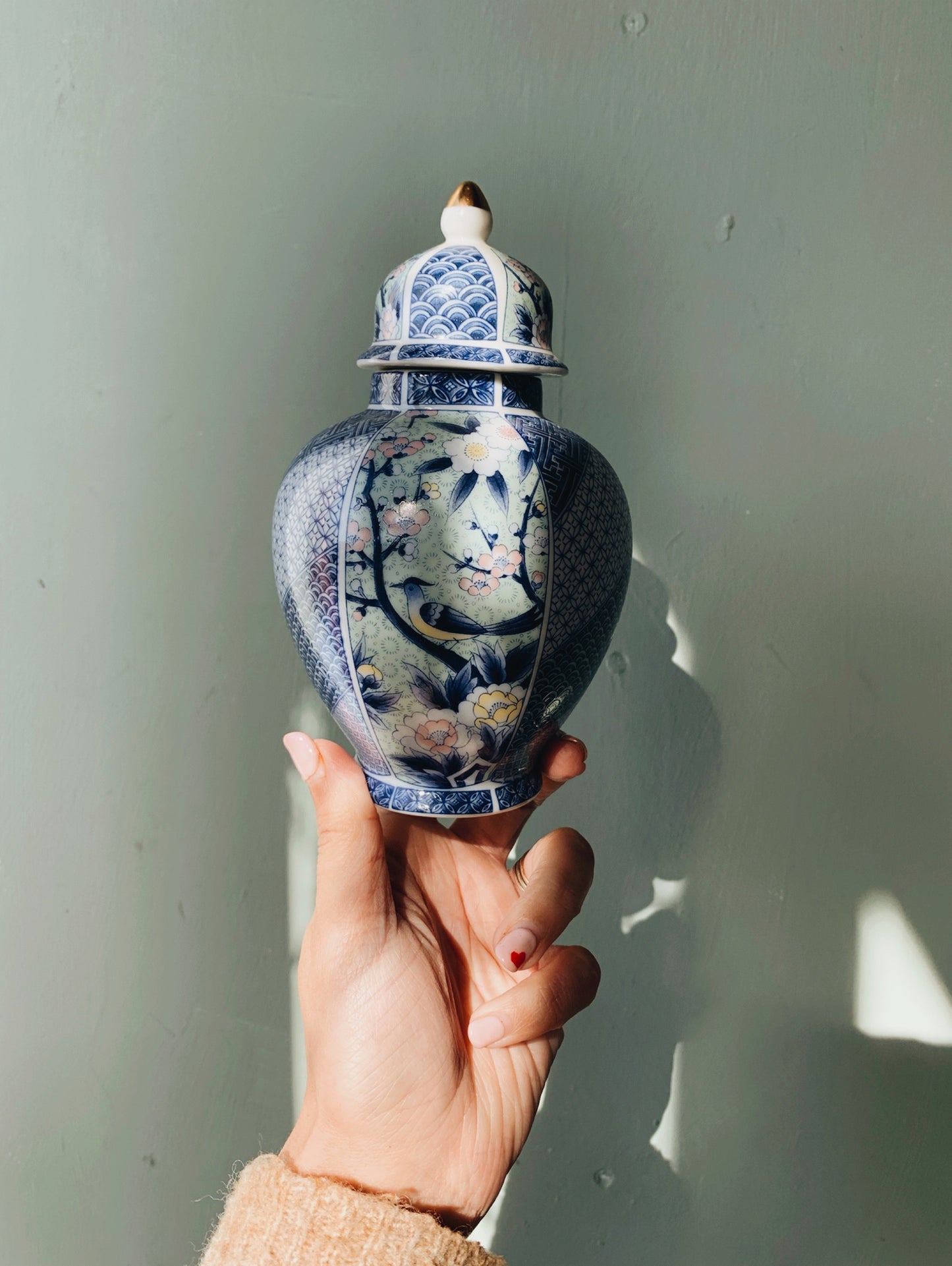 Vintage Blue & Green Floral Bird Ginger Jar