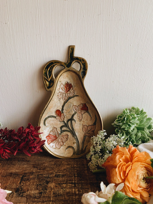 Vintage Brass Pear ~ enamel painted floral decor