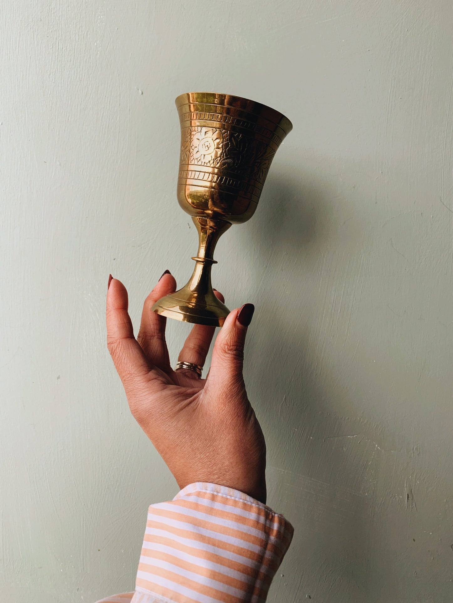 Antique Etched Floral Brass Goblet