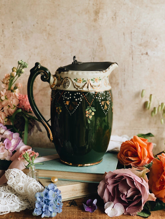 Antique Green Decorative Jug Pewter Top