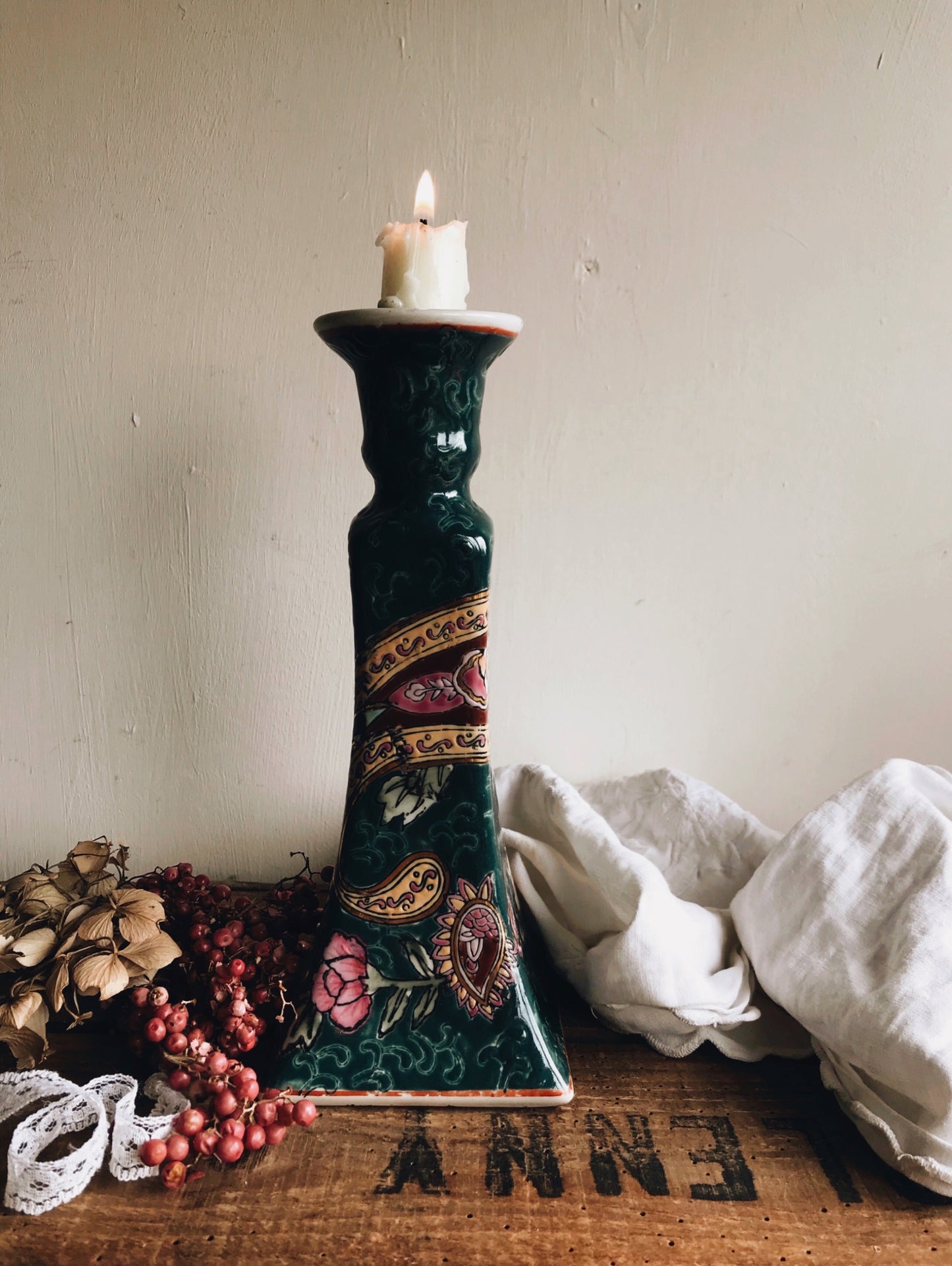 Large Vintage Hand~painted Ceramic Candle Stick