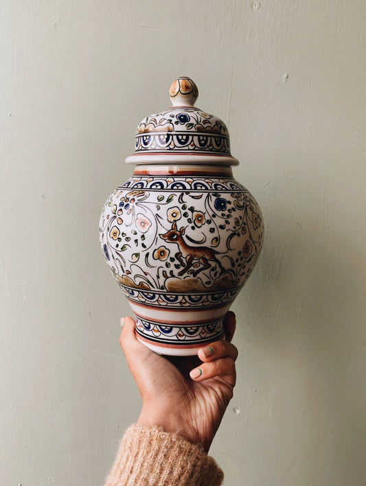 Large Vintage Portuguese Floral Detailing with Deer Ginger Jar