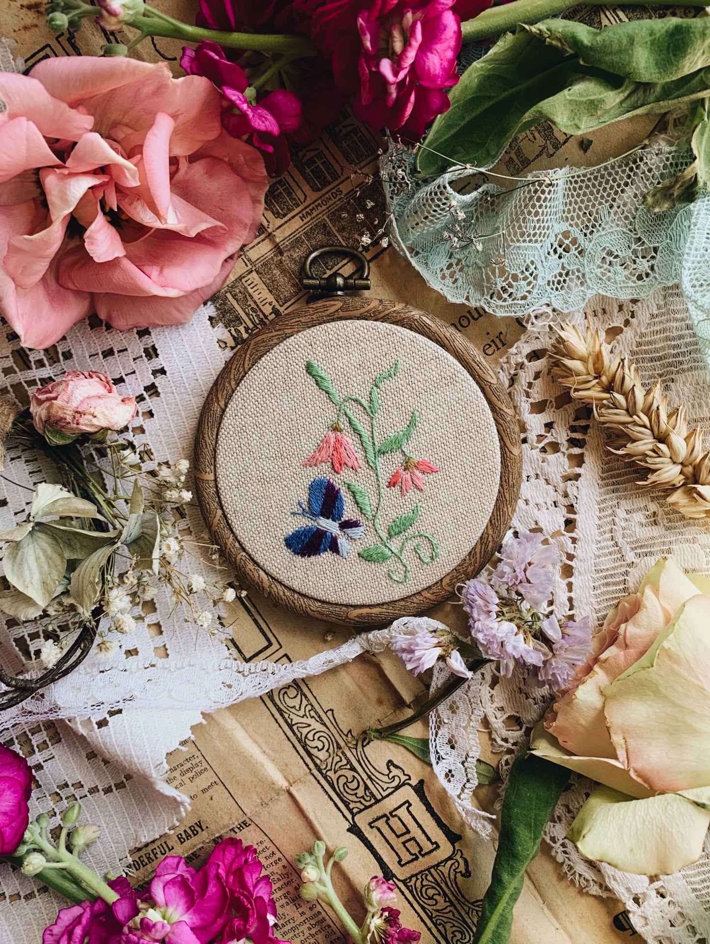 Vintage Floral and Butterfly Embroidery Hoop / Hanging