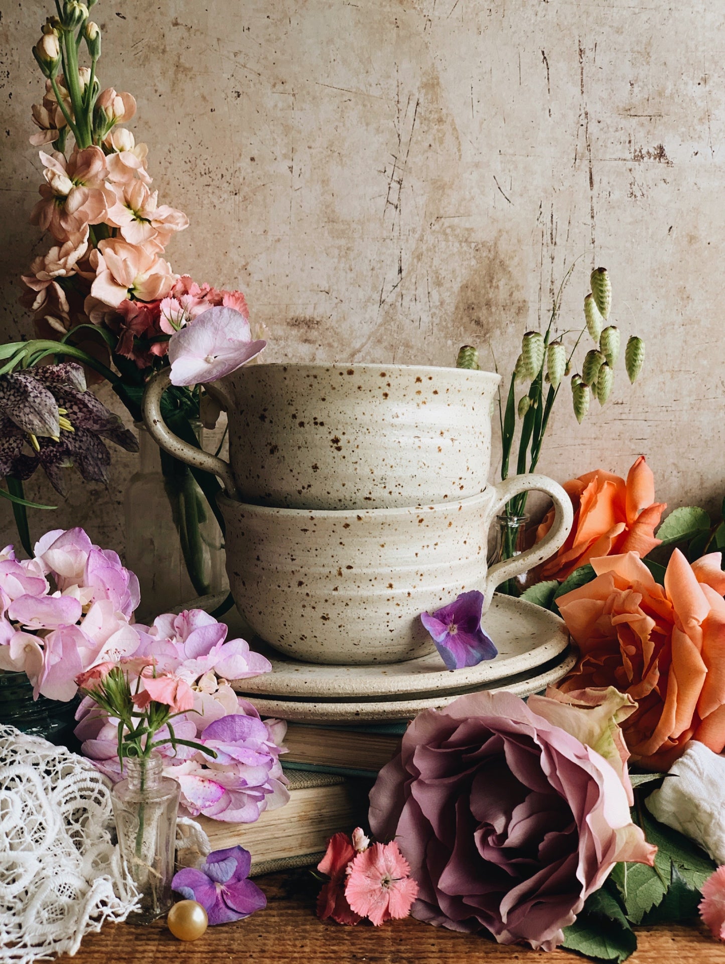 Rustic Hand~thrown Speckle Cup & Saucer (two sets available)