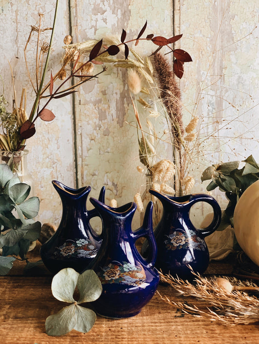 Three Vintage Cobalt Blue Oriental Posy Vases (different narratives)