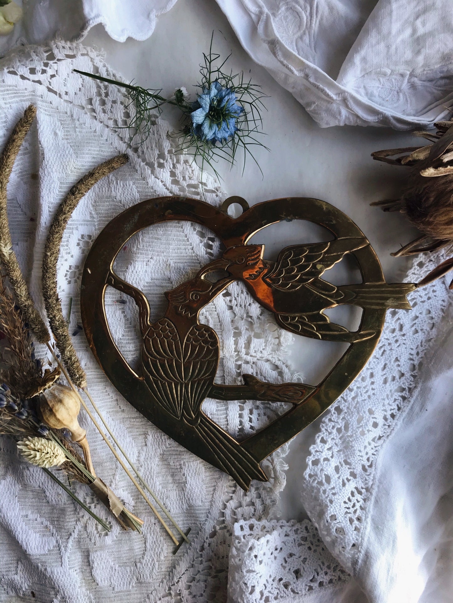 Vintage Brass Birds & Heart Trivet