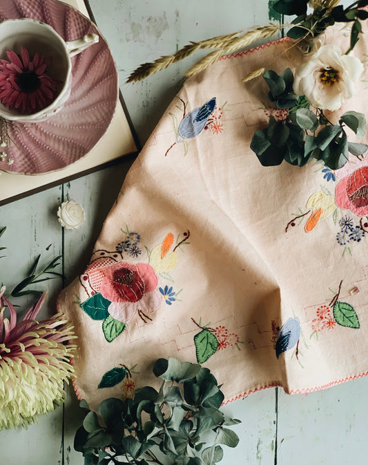 Antique Hand~embroidery Floral Oriental Linen (two available sold separately)