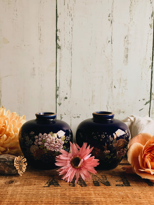 Two Vintage Floral / Peacock Cobalt Blue Ginger Jars