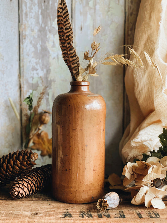 Large Antique Brown Stoneware Bottle