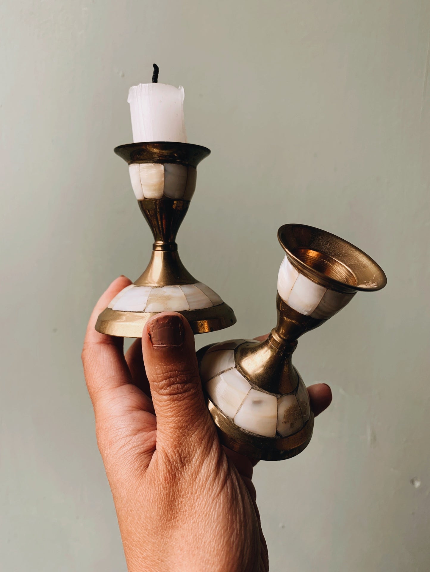 A Pair of Vintage Brass Mother of Pearl Candle Sticks