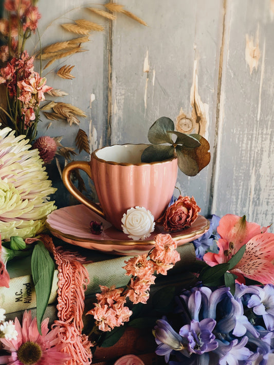 Vintage Pink Scalloped Cup & Saucer with Gilt Detailing