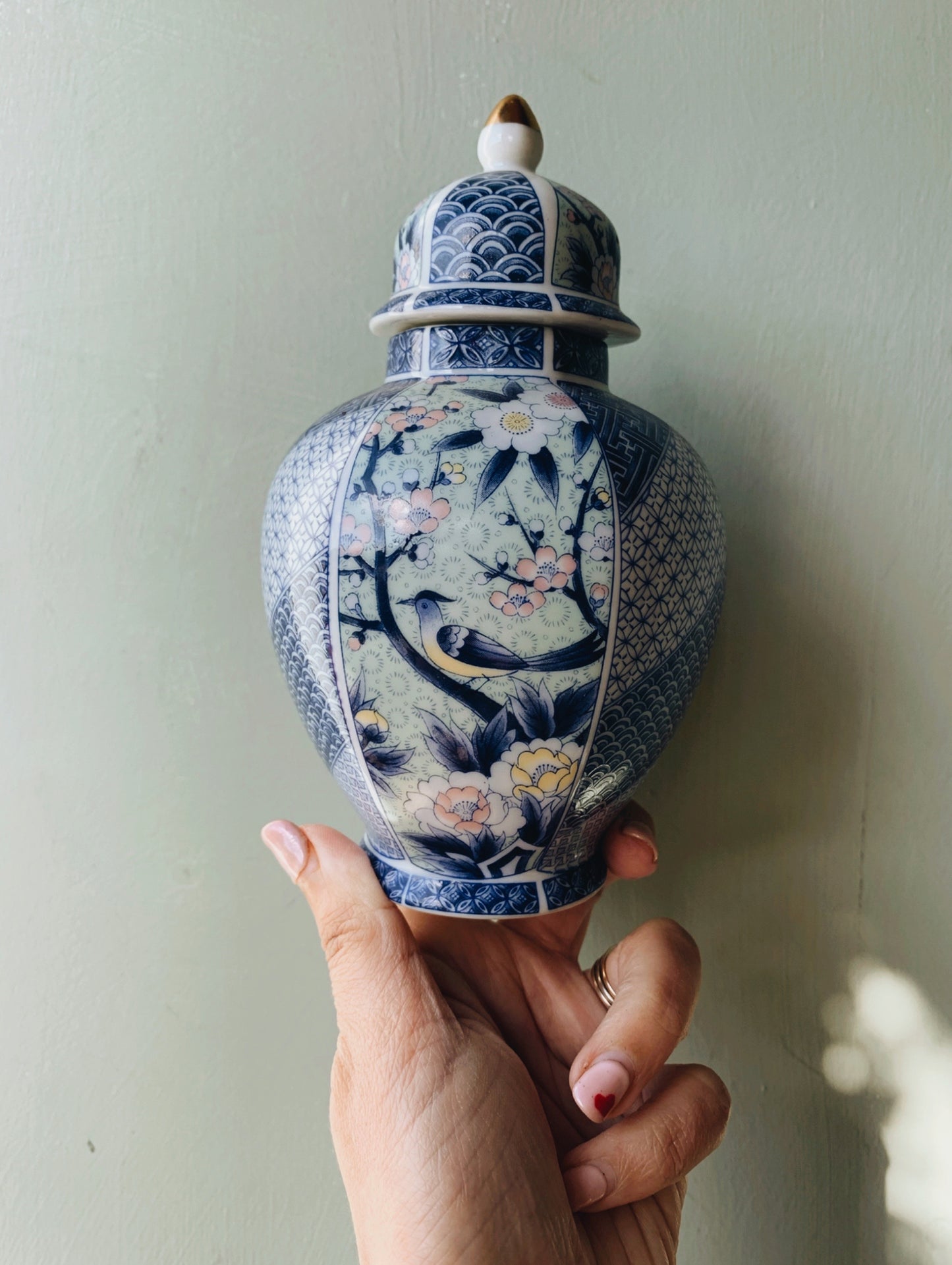 Vintage Blue & Green Floral Bird Ginger Jar