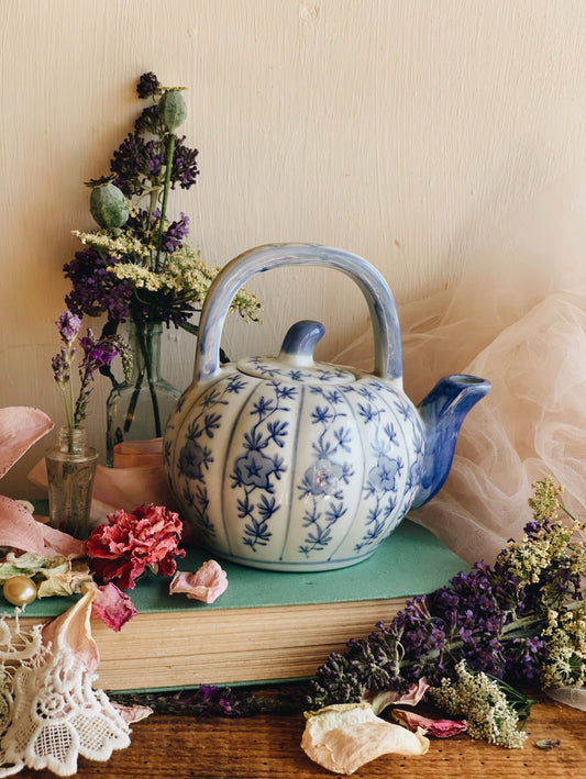 Vintage Oriental Pumpkin Shaped Floral Teapot