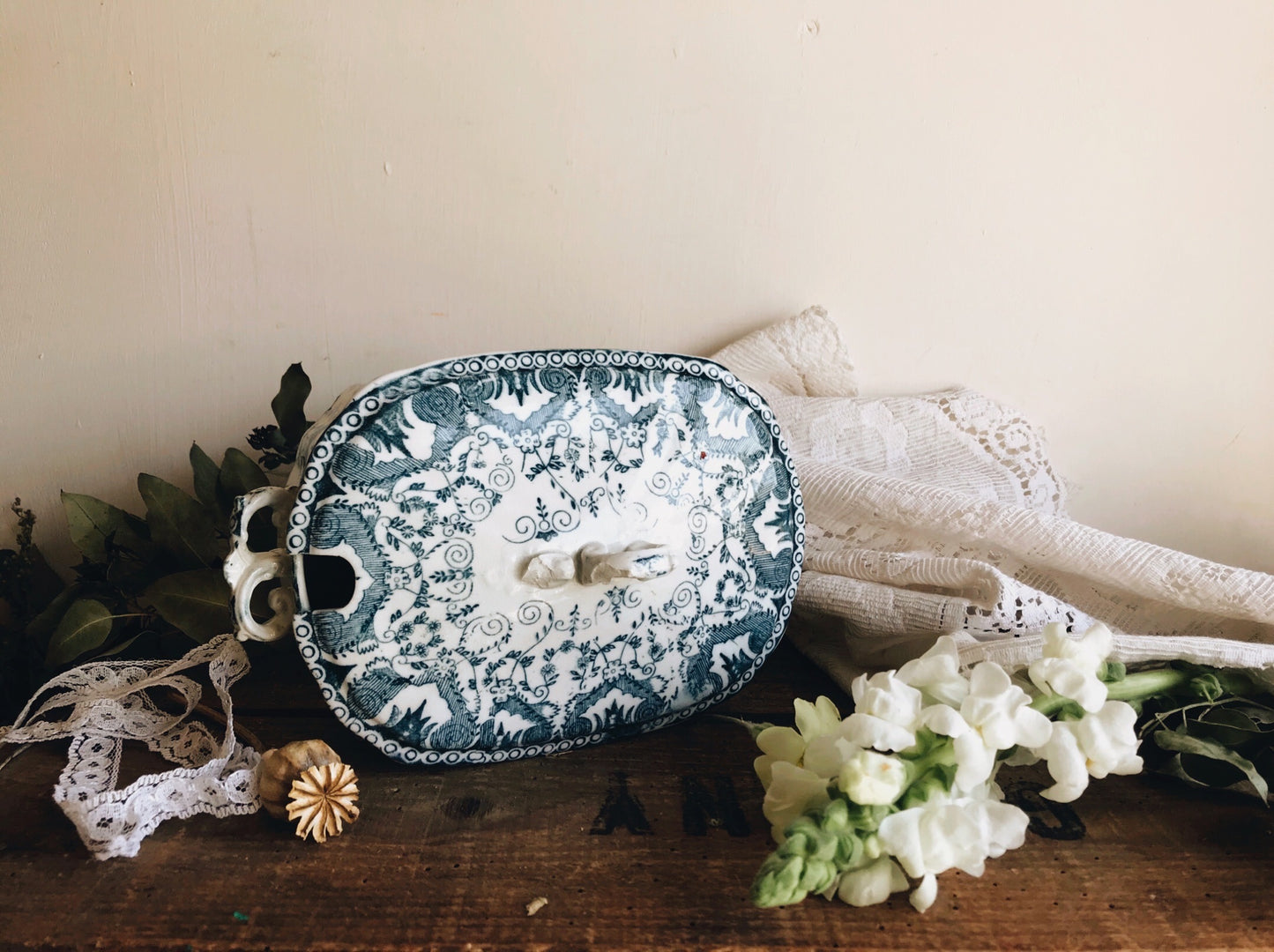 Vintage Teal Ironstone Transfer Dish with Lid - Stone & Sage 