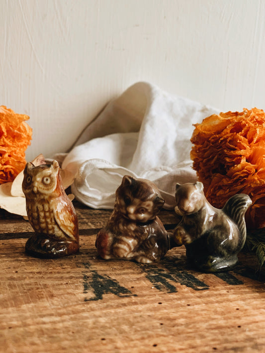 A Set of Three Woodland Wade Vintage Animals ~ owl, cat and squirrel