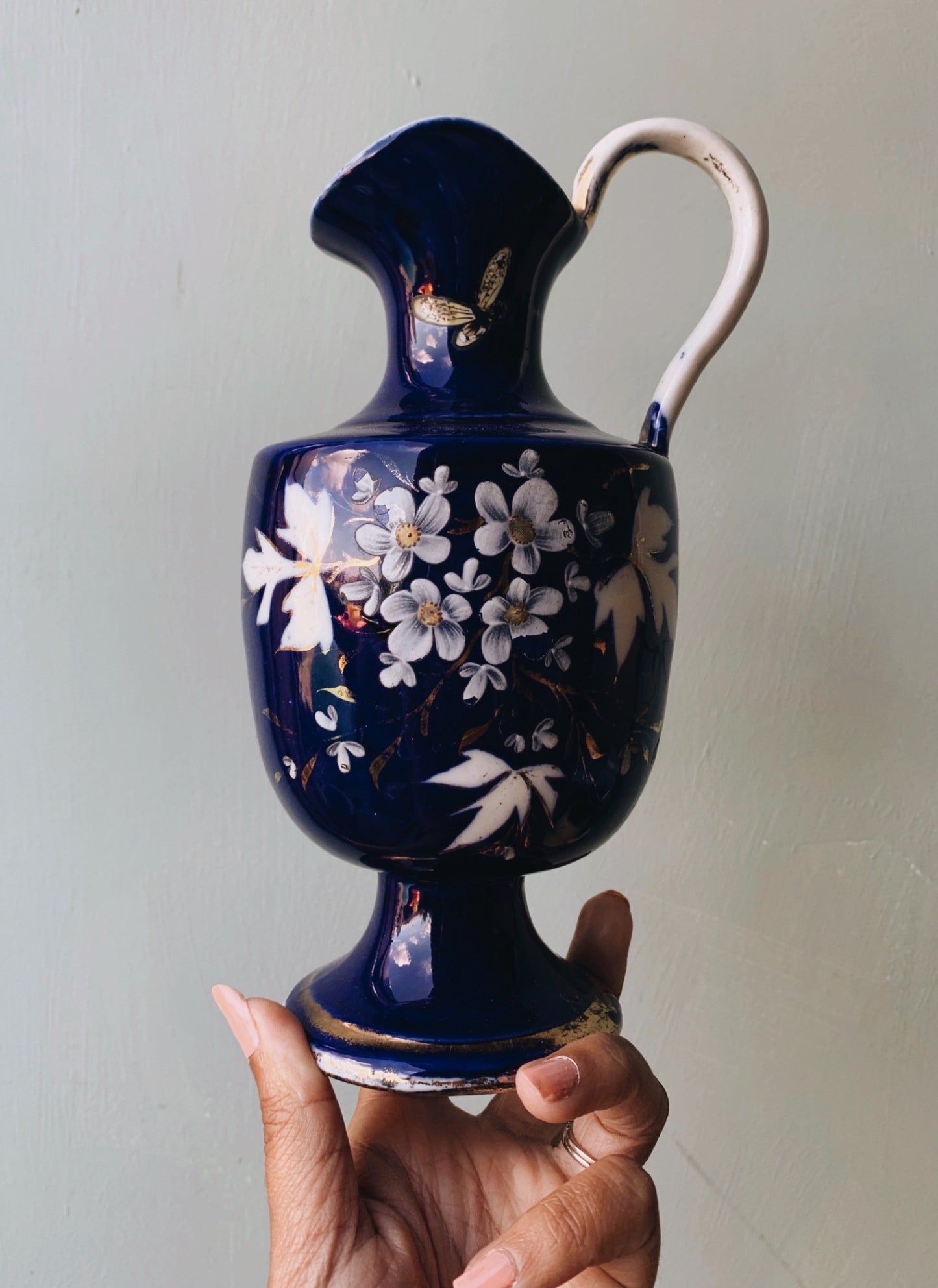 Antique Blue Floral Gilt Vase