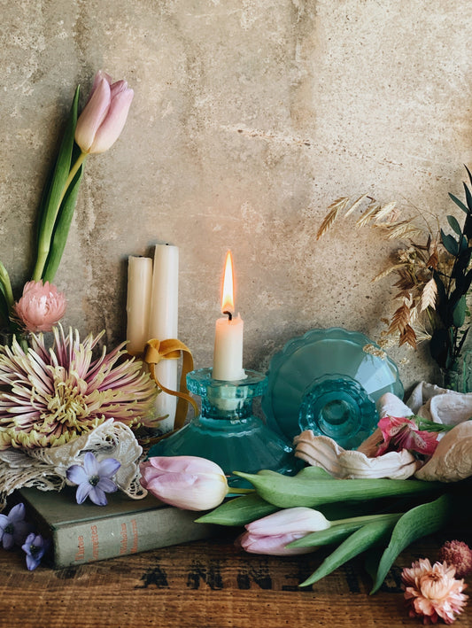 A Pair of Vintage Turquoise Glass Candle Holders