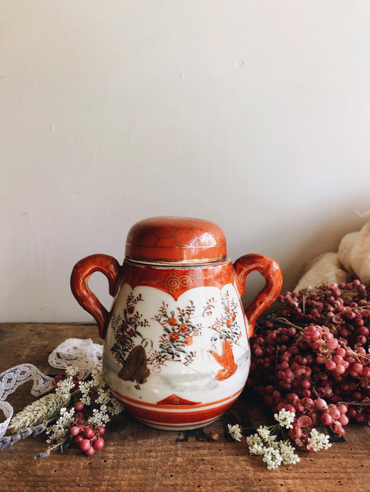 Vintage Orange Oriental Ginger Jar with Decorative Narrative