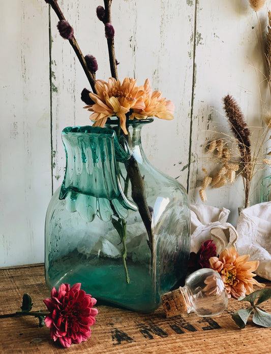 Large Vintage Hand~blown Bottle with Handle Detailing & Stopper