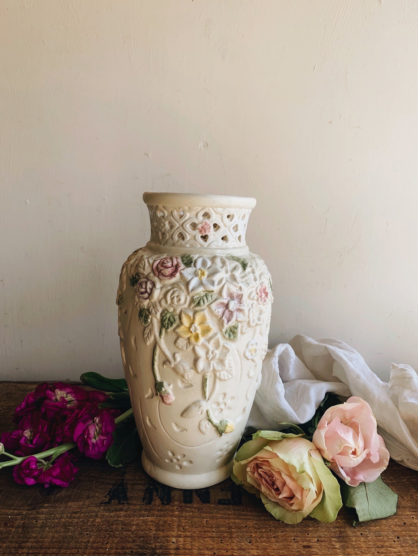 Vintage Relief Floral Ceramic Vase