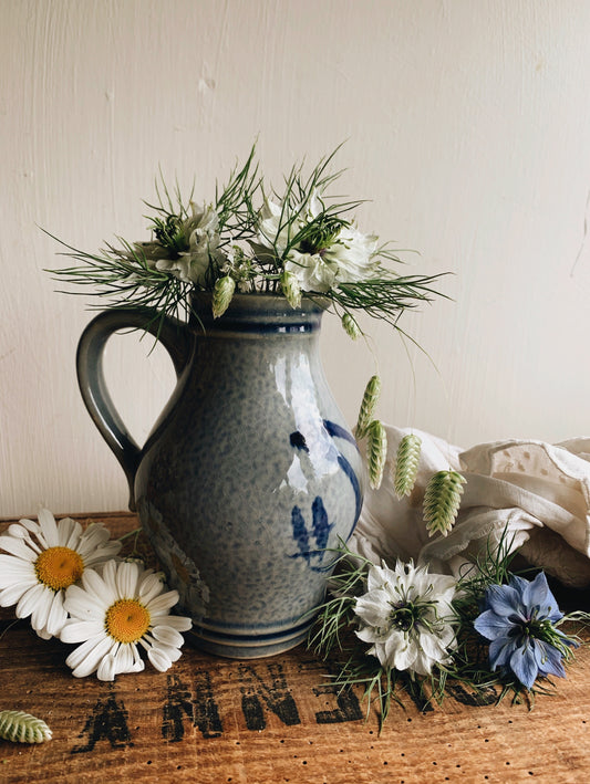Vintage French Salt Glaze Blue Decorative Jug