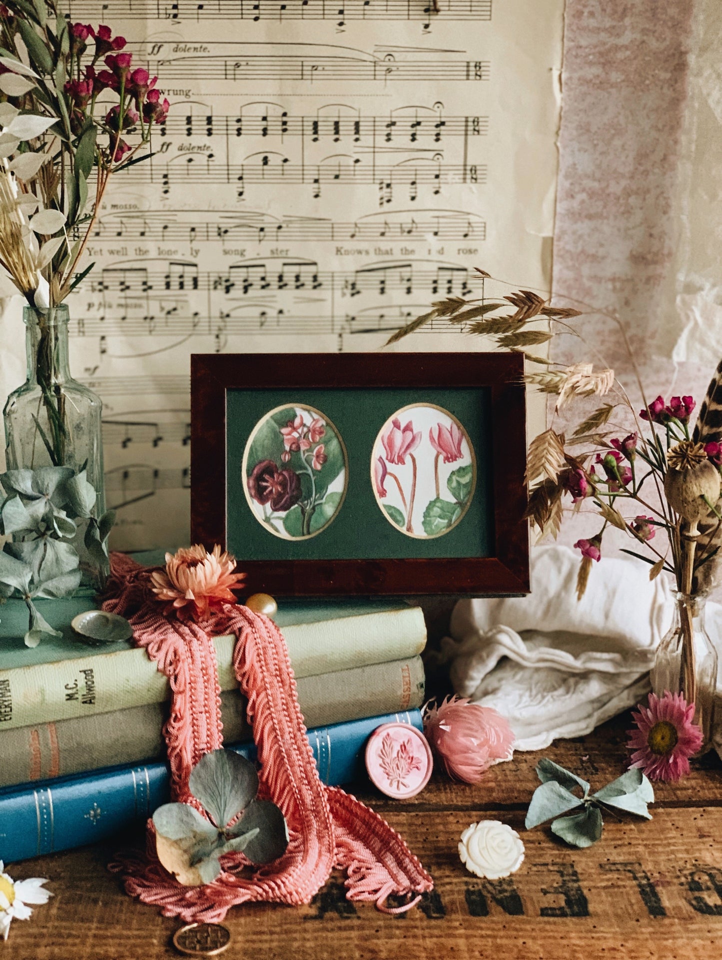 Vintage Wooden Double Framed with Two 1960’s Floral Bookplates