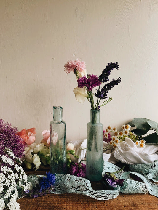 Two Antique Rustic Green / Blue Apothecary Bottles