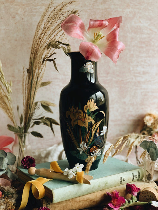 Vintage Black Floral & Bird Gilt Vase