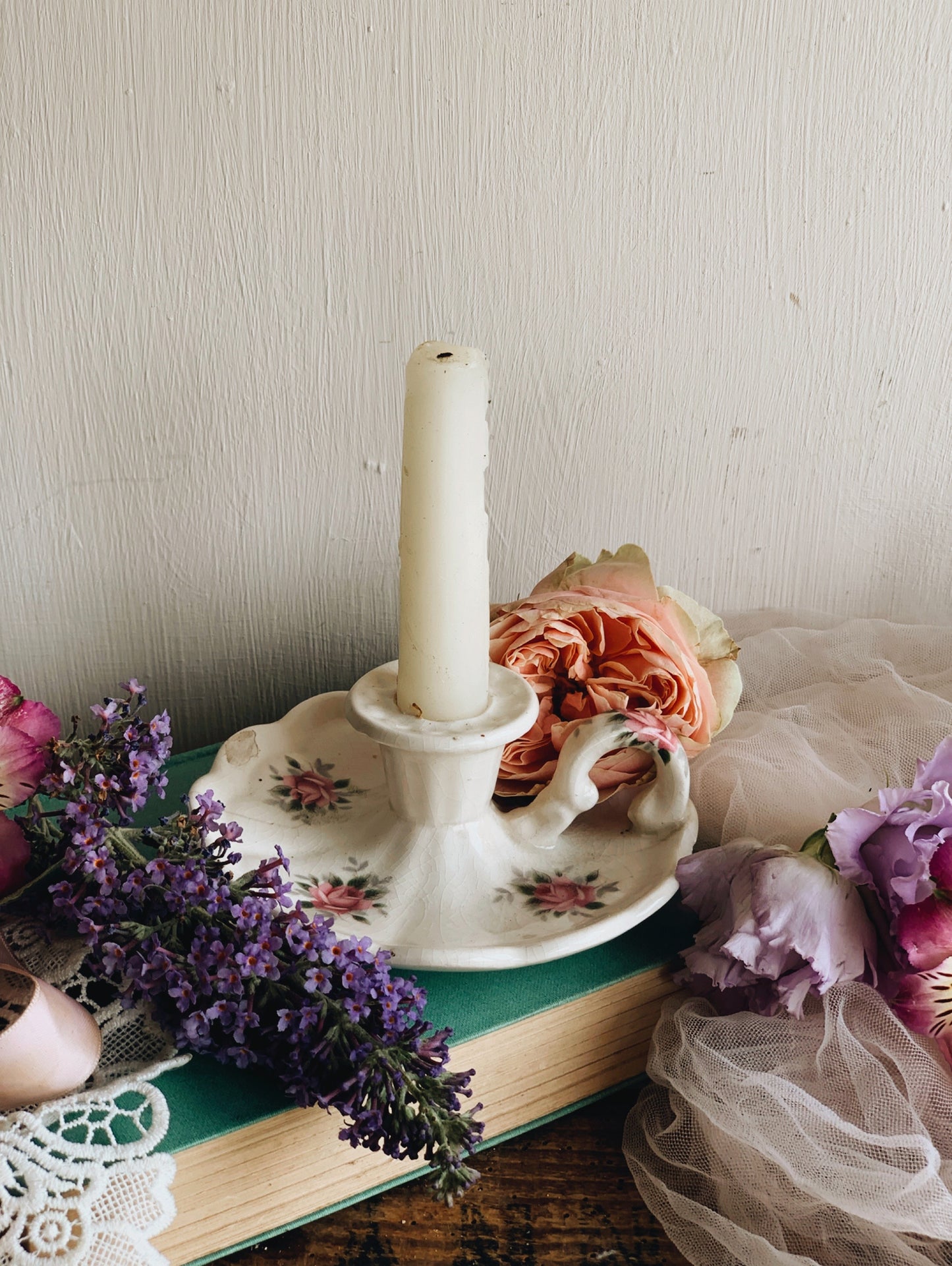 Antique Rose Ceramic Candle Holder (rustic condition)