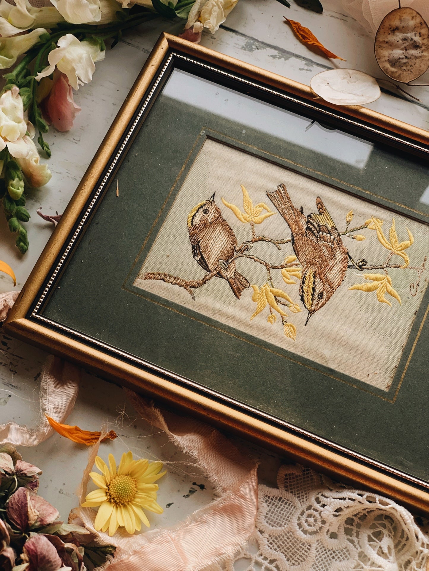 Antique Woven Embroidery Framed ~ Golden Crest