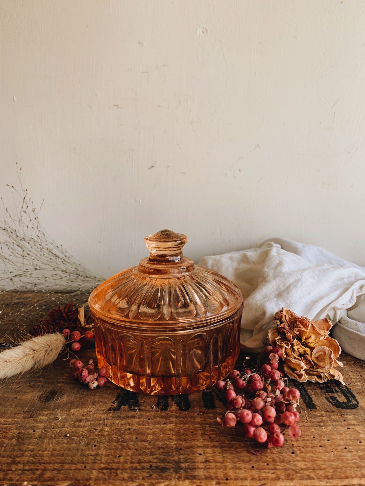 Vintage Peach Glass Vanity Pot with Lid