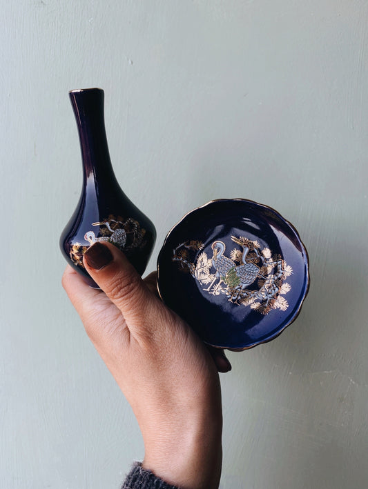 A Set of Two Cobalt Blue Floral Oriental Vase & Dish