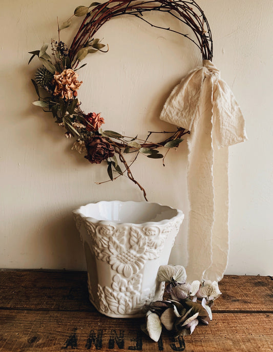 Large Vintage White Decorative Relief Planter