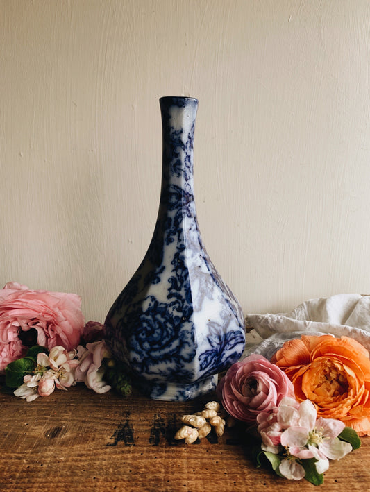 Antique early 1900s Burslem Hand~engraved Floral Vase blue and white (cavendish)