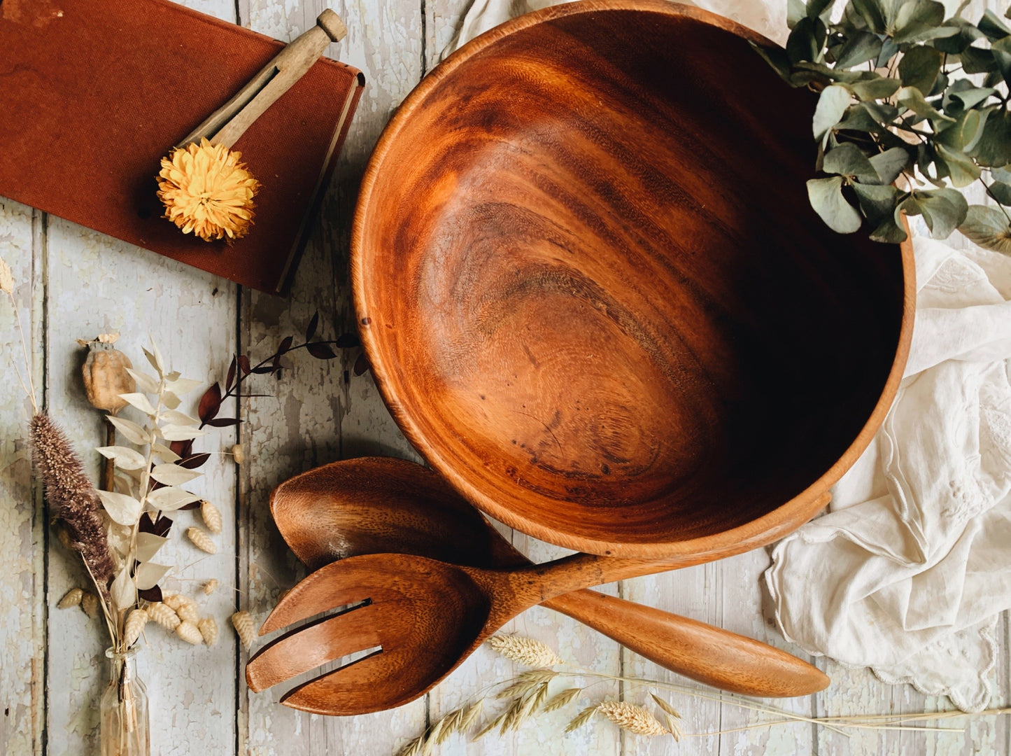 Large Rustic Wooden Bowl with Spoon & Fork (UK SHIPPING ONLY)