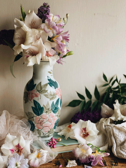 Vintage Pink & Green Floral Vase