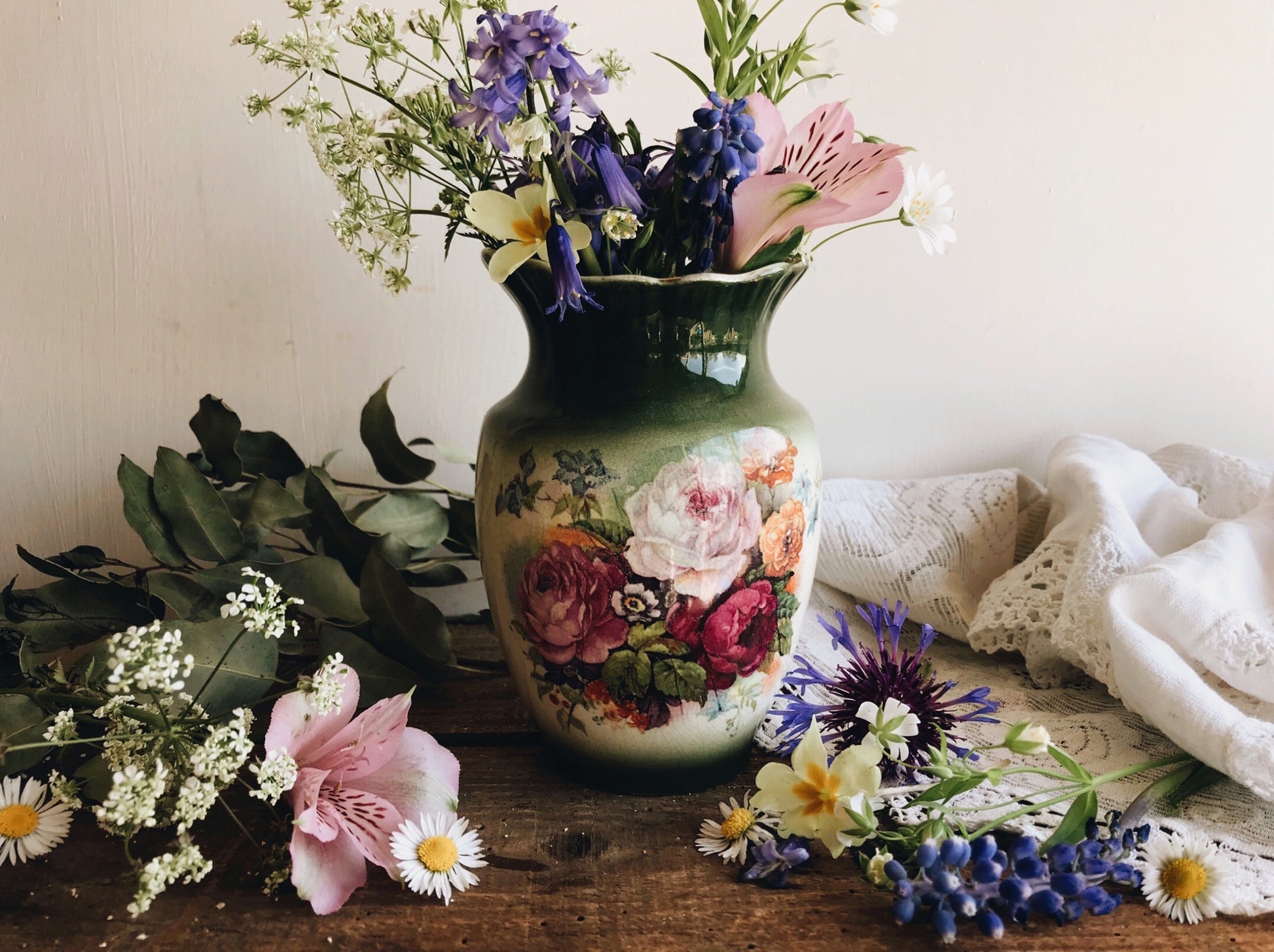 Antique Green Rose & Blooms Vase - Stone & Sage 