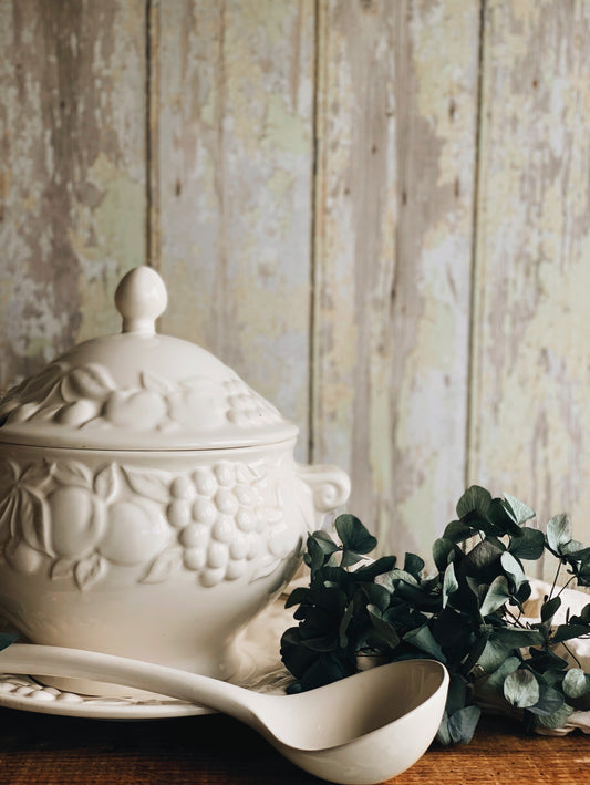 Vintage Three Piece White Fruit & Bloom Relief Tureen (UK SHIPPING ONLY)