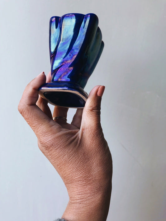 Two Vintage Iridescent Blue Posy Vases