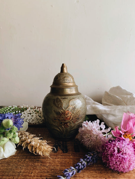 Vintage Decorative Brass Enamel Ginger Jar