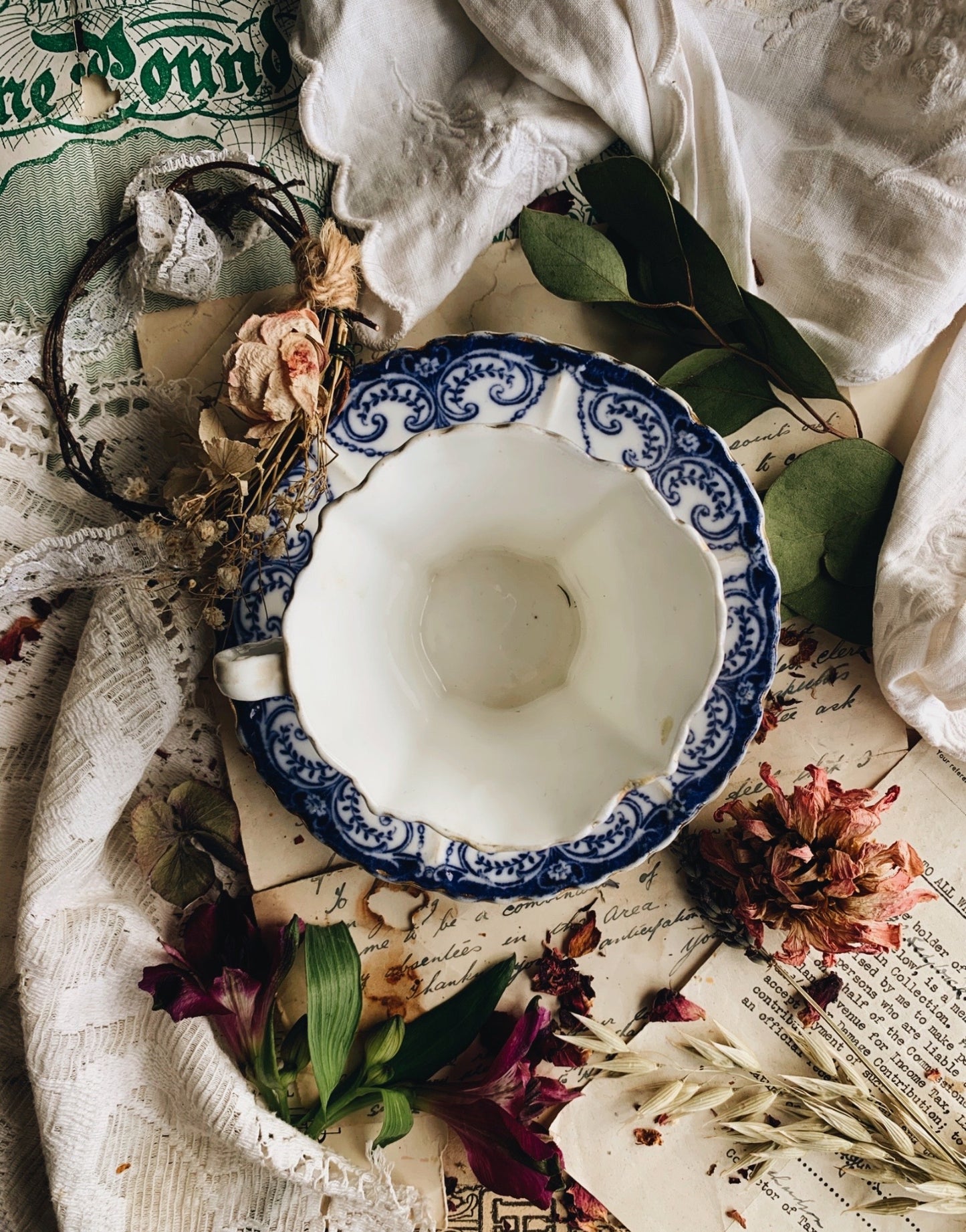 Antique Foley Victorian Blue & White Decorative Cup & Saucer