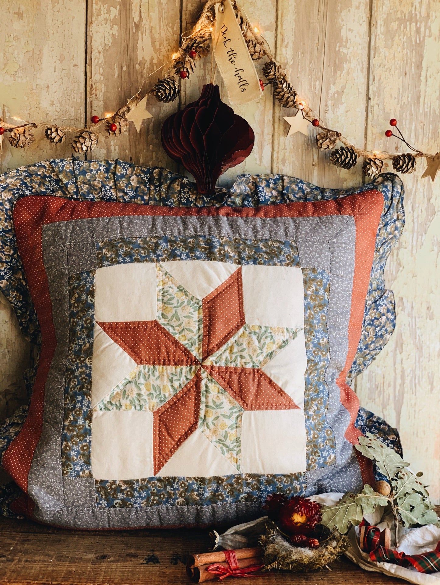Handmade Patchwork Folksy Festive Pillow (UK SHIPPING ONLY)