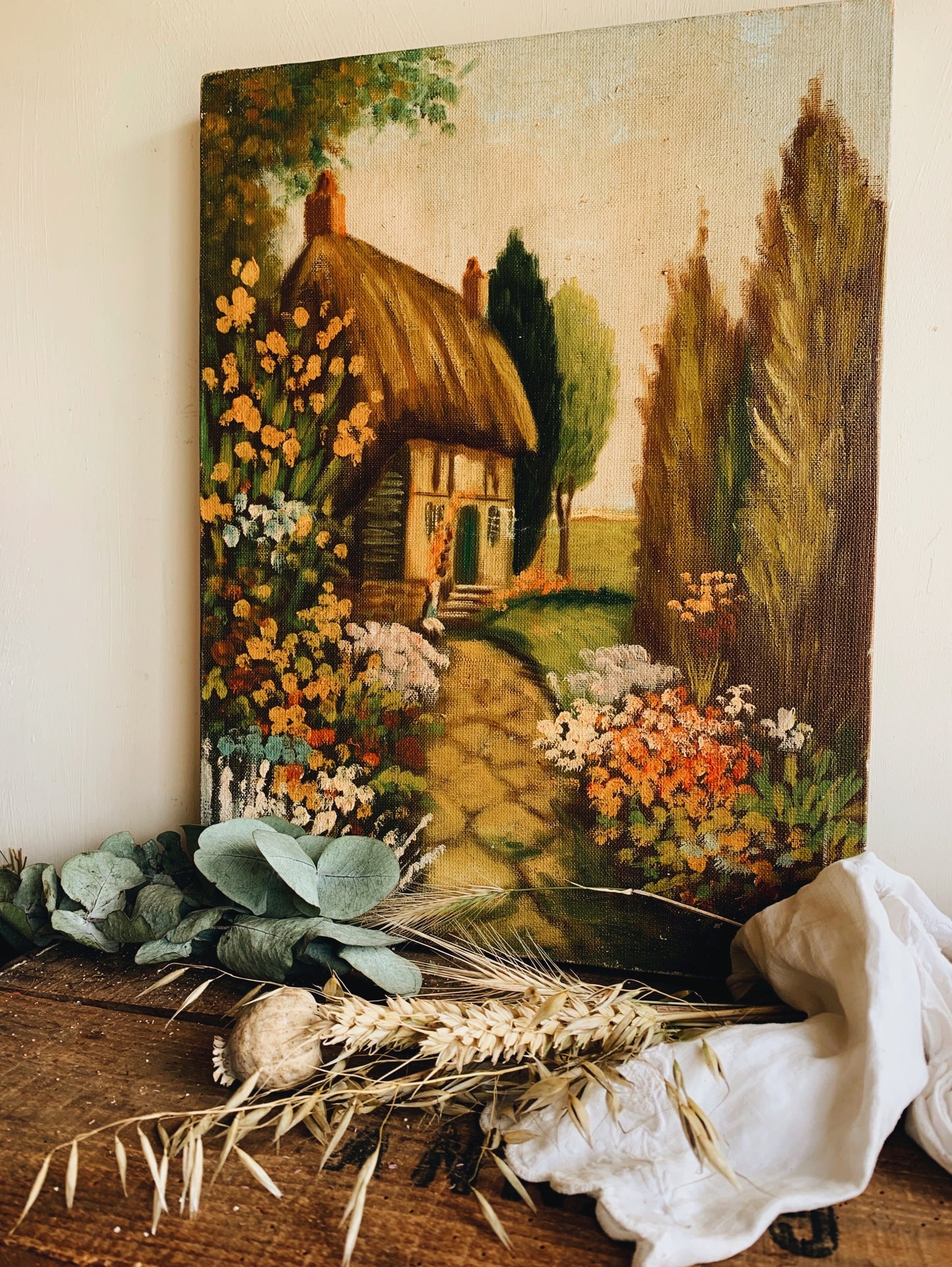 Vintage 1970’s Cottage Oil Painting on Canvas