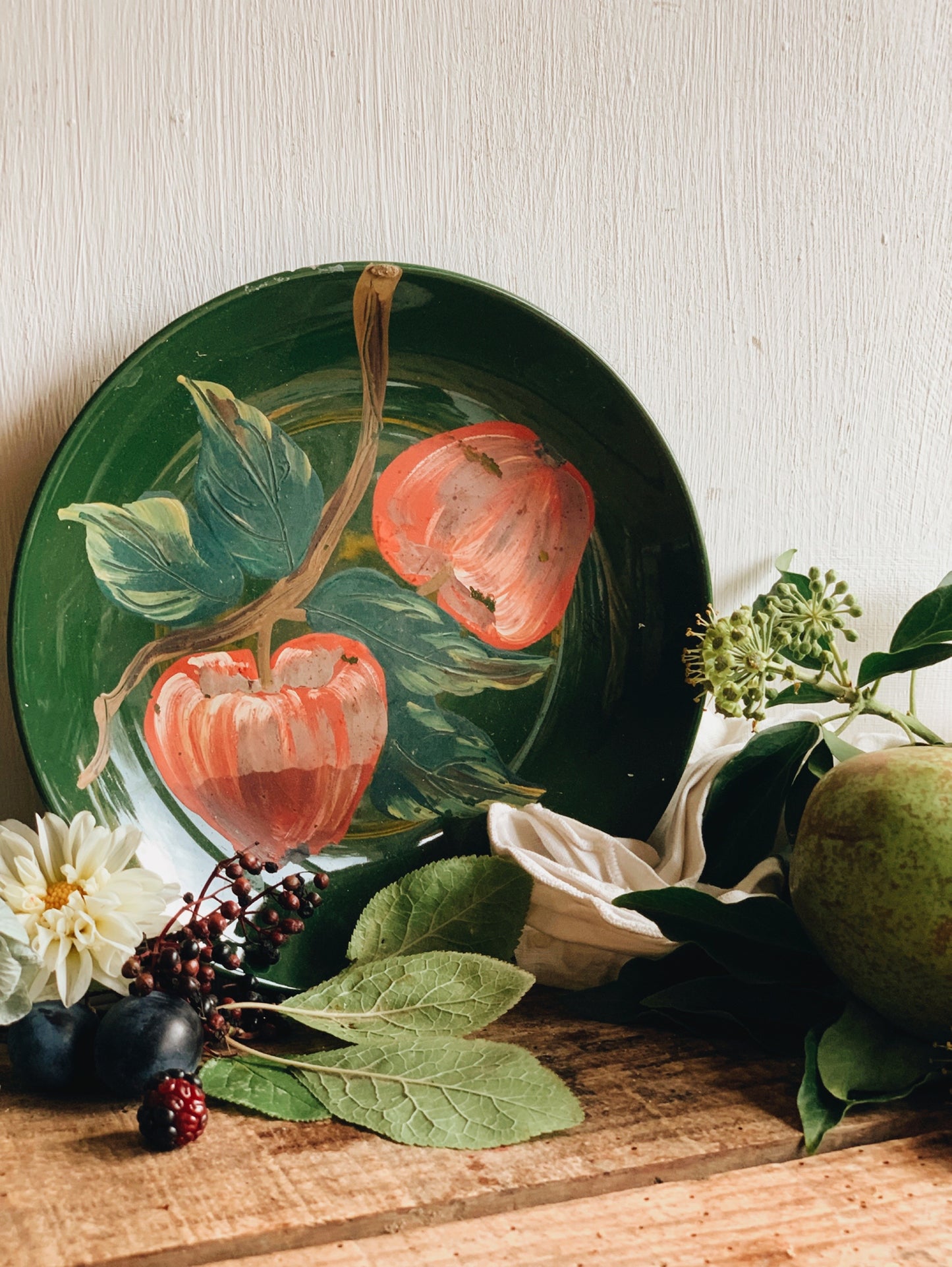 Two Vintage Rustic Hand~painted Apple & Pear Plates