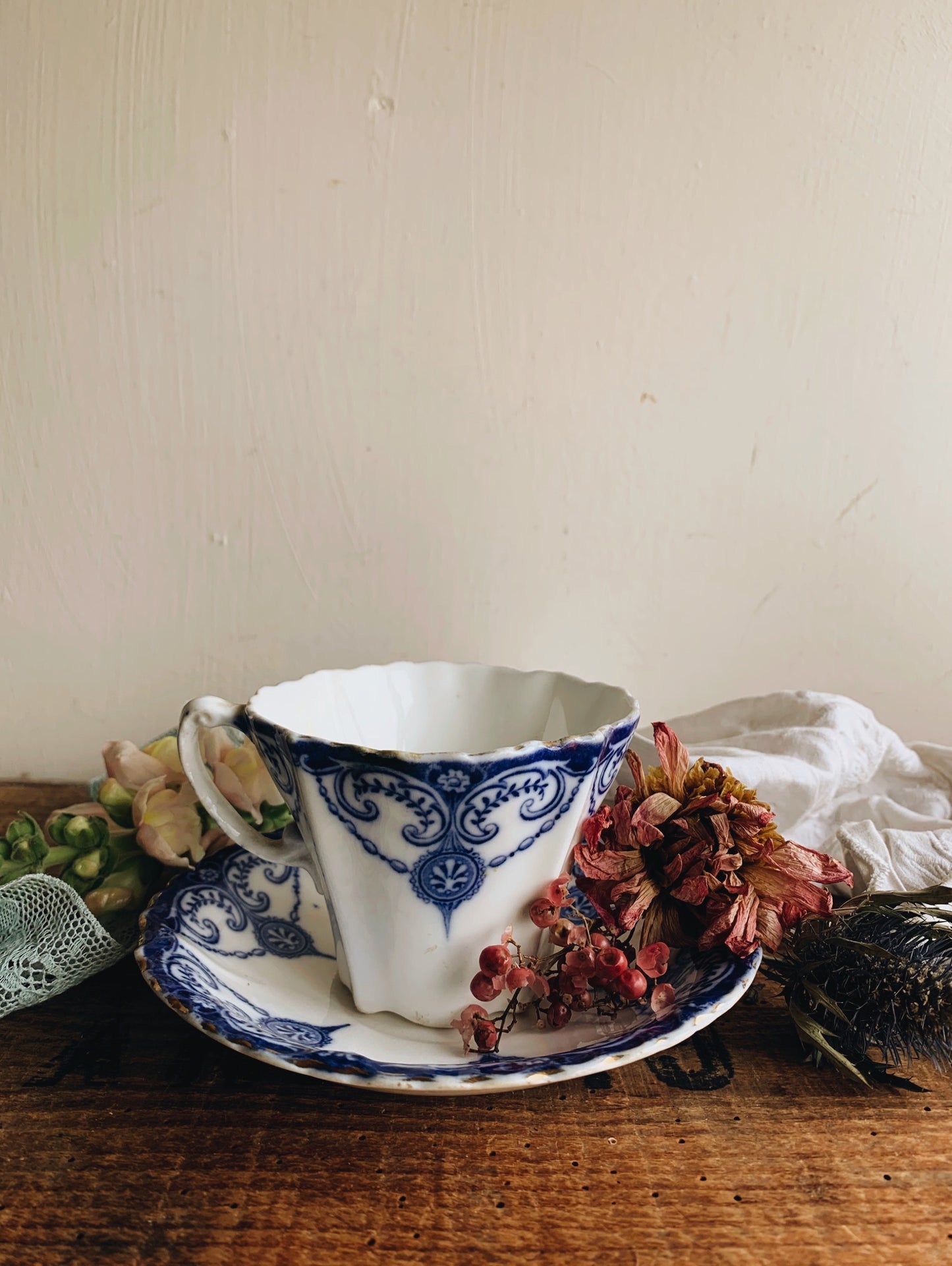 Antique Foley Victorian Blue & White Decorative Cup & Saucer