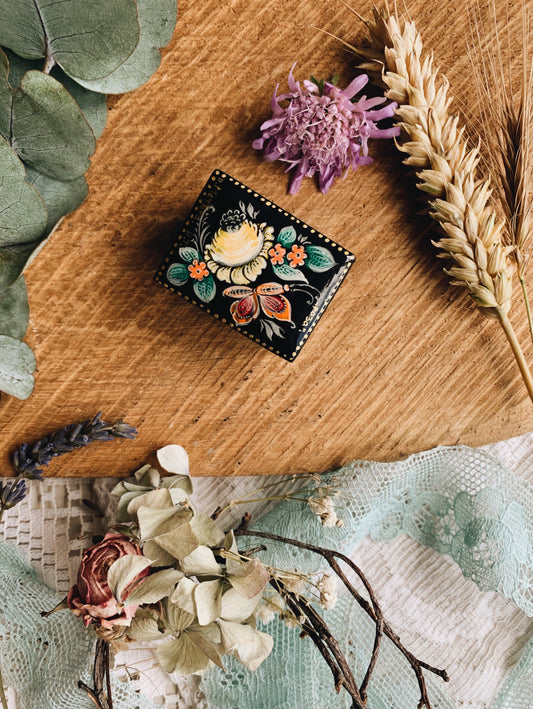 Antique Russian Floral Hand~painted Wooden Trinket Box