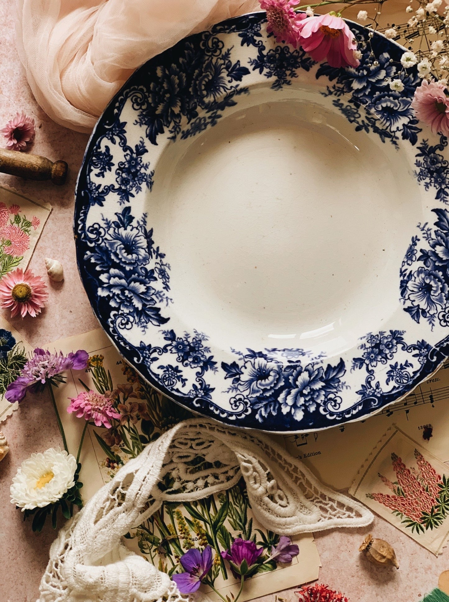 Antique Early 1900’s Blue Floral Supper Bowl