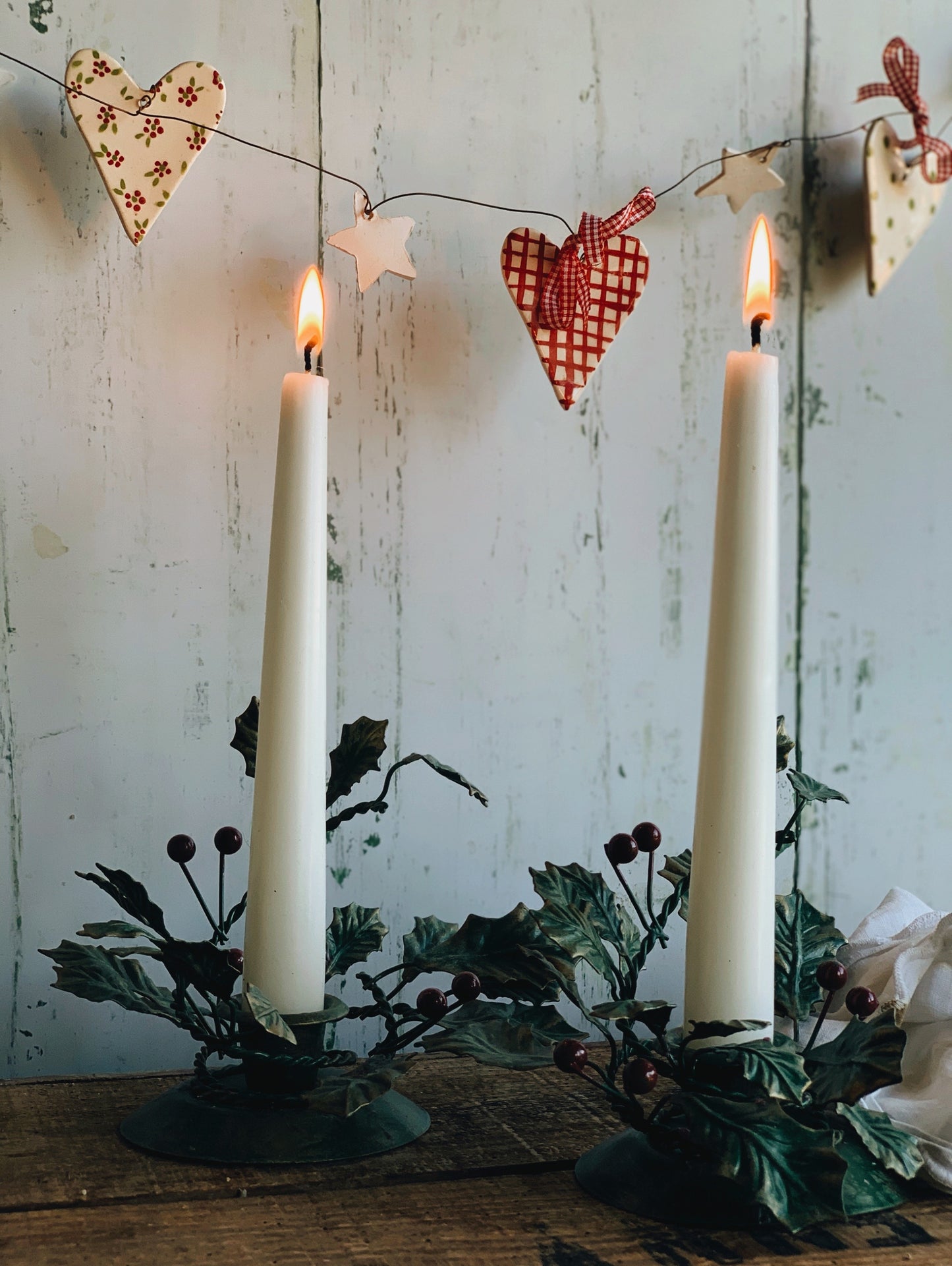 Two Vintage Kitsch Metal Holly & Berry Candle Holders